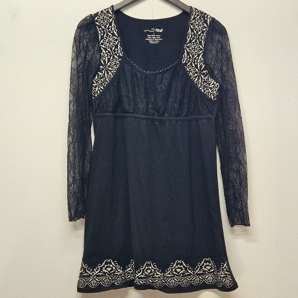 Black Lace Embroidered Boho Babydoll Mini Dress Size L Gothic Romantic Witchy